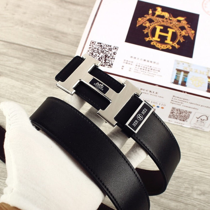 HM Double-sided Belt 38mm Black Cowhide Sliver Buckle 620362