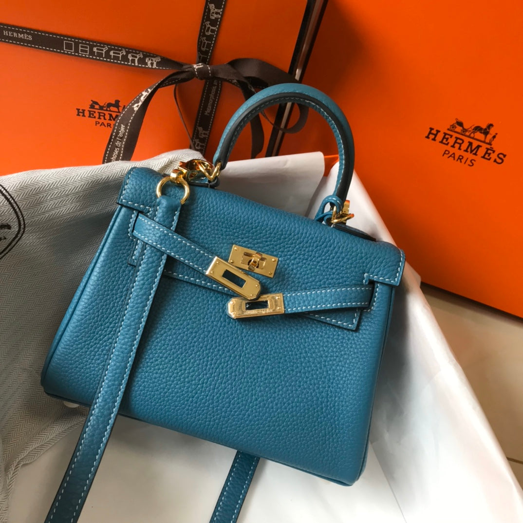 HM Mini Kelly 20cm Blue Jean Togo Leather Gold Hardware
