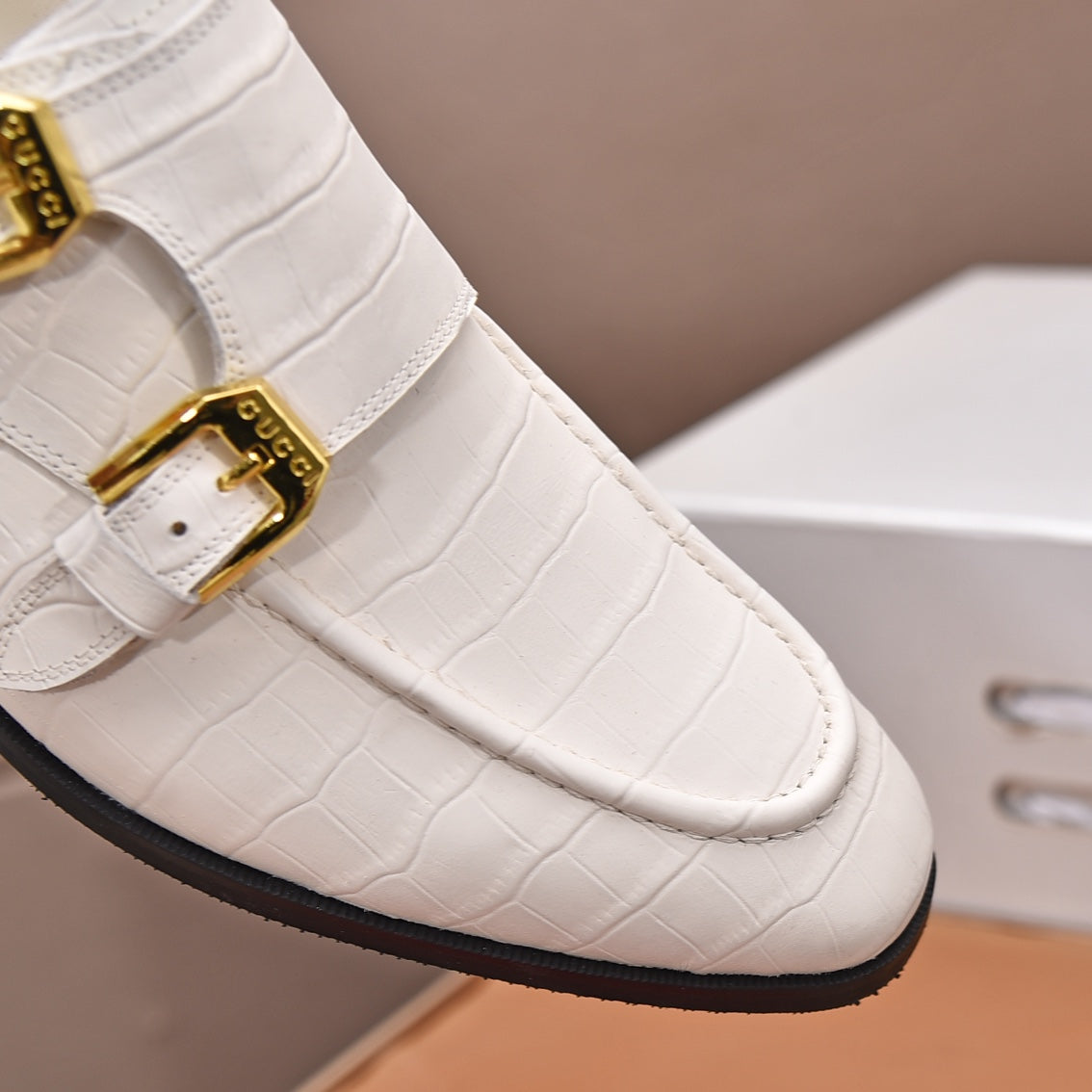 GG Men's Double Monk Strap Loafer White Embossed Cowhide