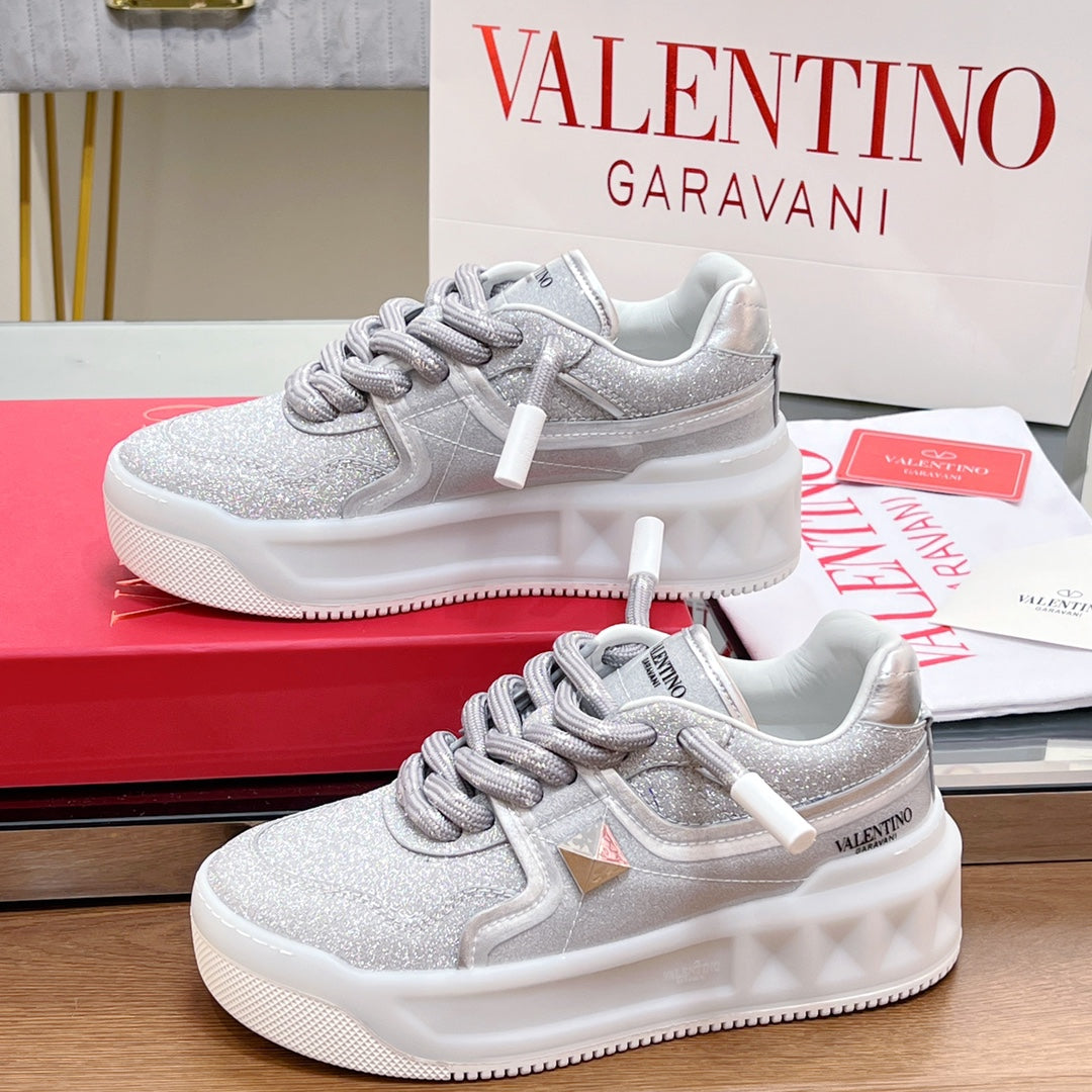 VT 2025 Garavani Sneakers Silver Leather Glitter Fabric 546991