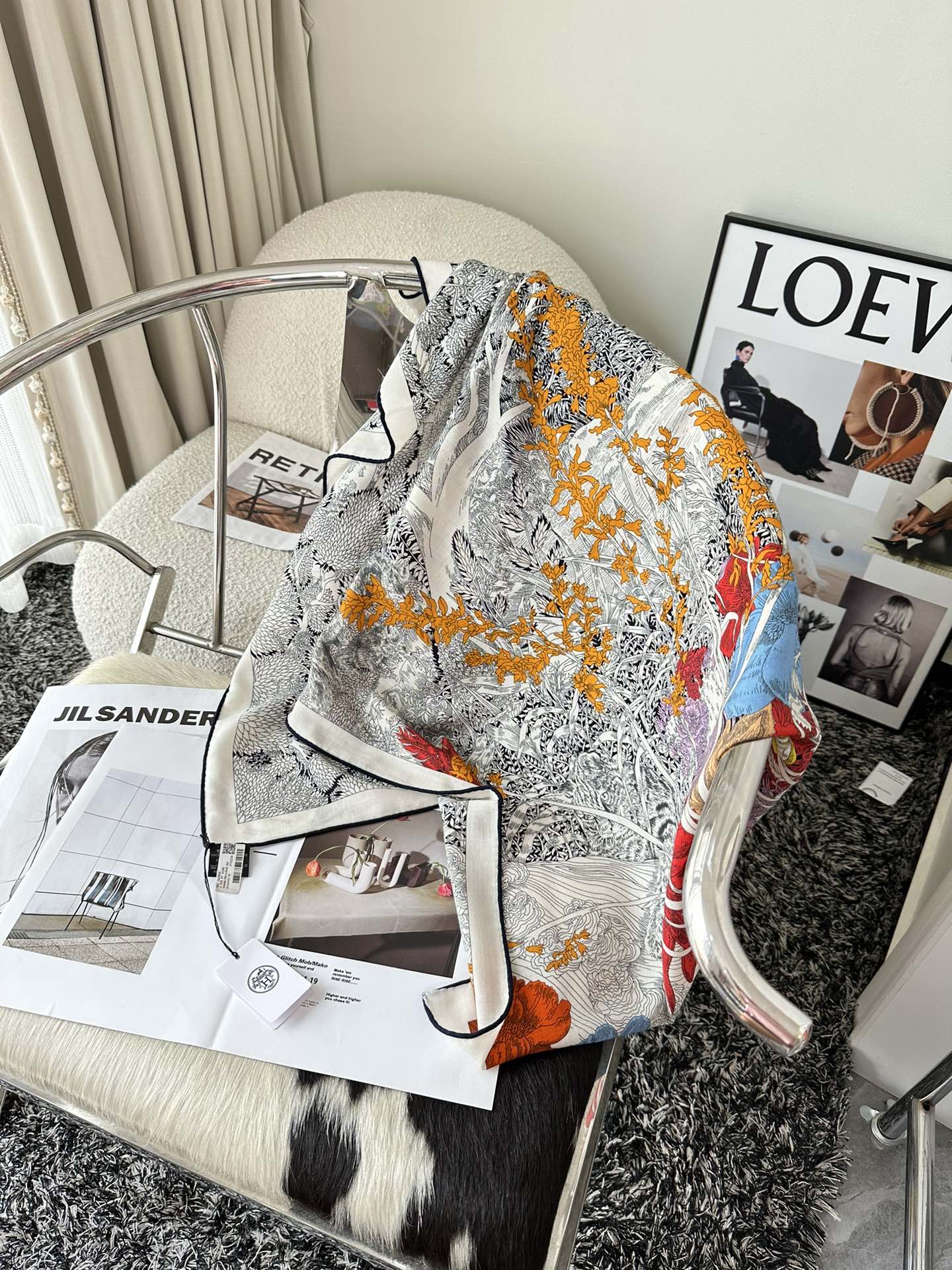 Retour A La Nature Shawl 140 CM White Black Colorful Silk