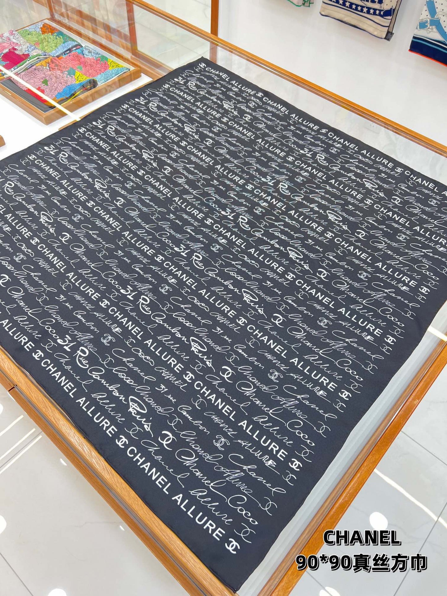 CC Square Scarf 90 CM In Black With White Text Silk 288695