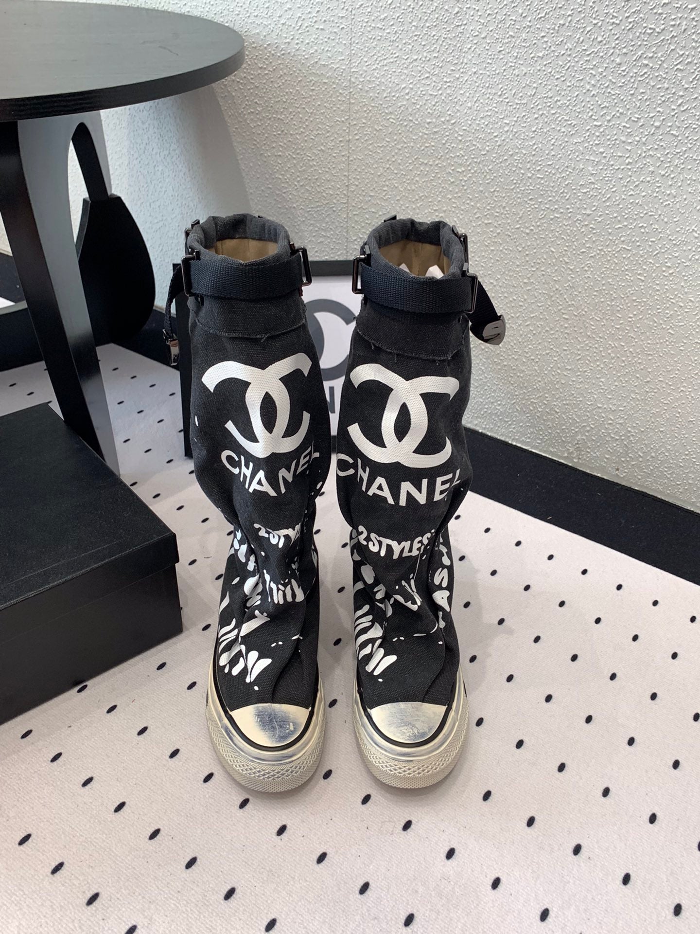 CC High-Top Canvas Boots Black White Denim Fabric 938046