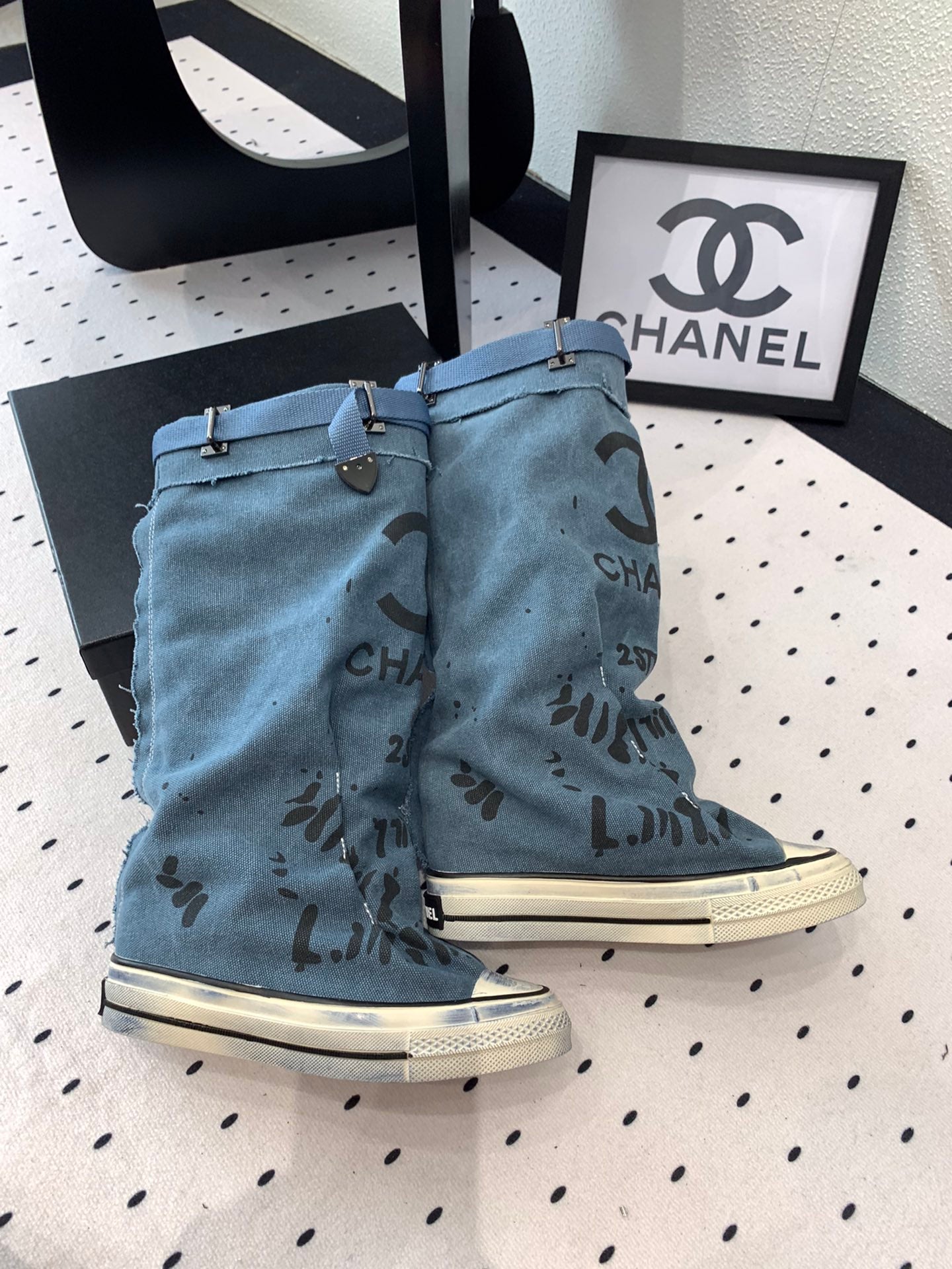 CC High-Top Canvas Boots Blue Black Denim Fabric 938049