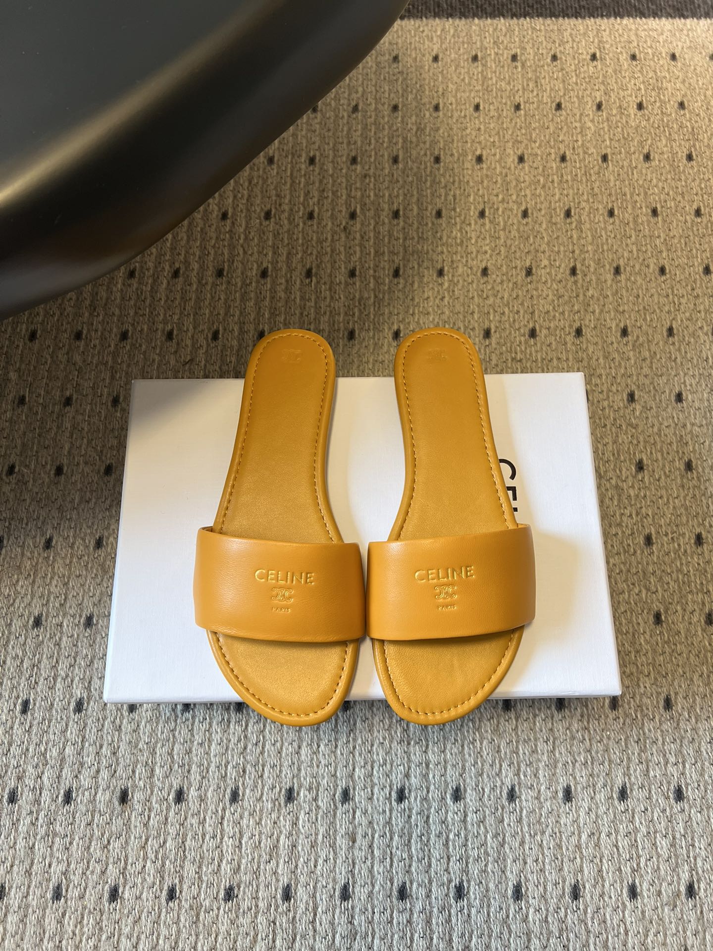 Celine 26 Flat Mule Slippers Mustard Yellow Sheepskin 621529