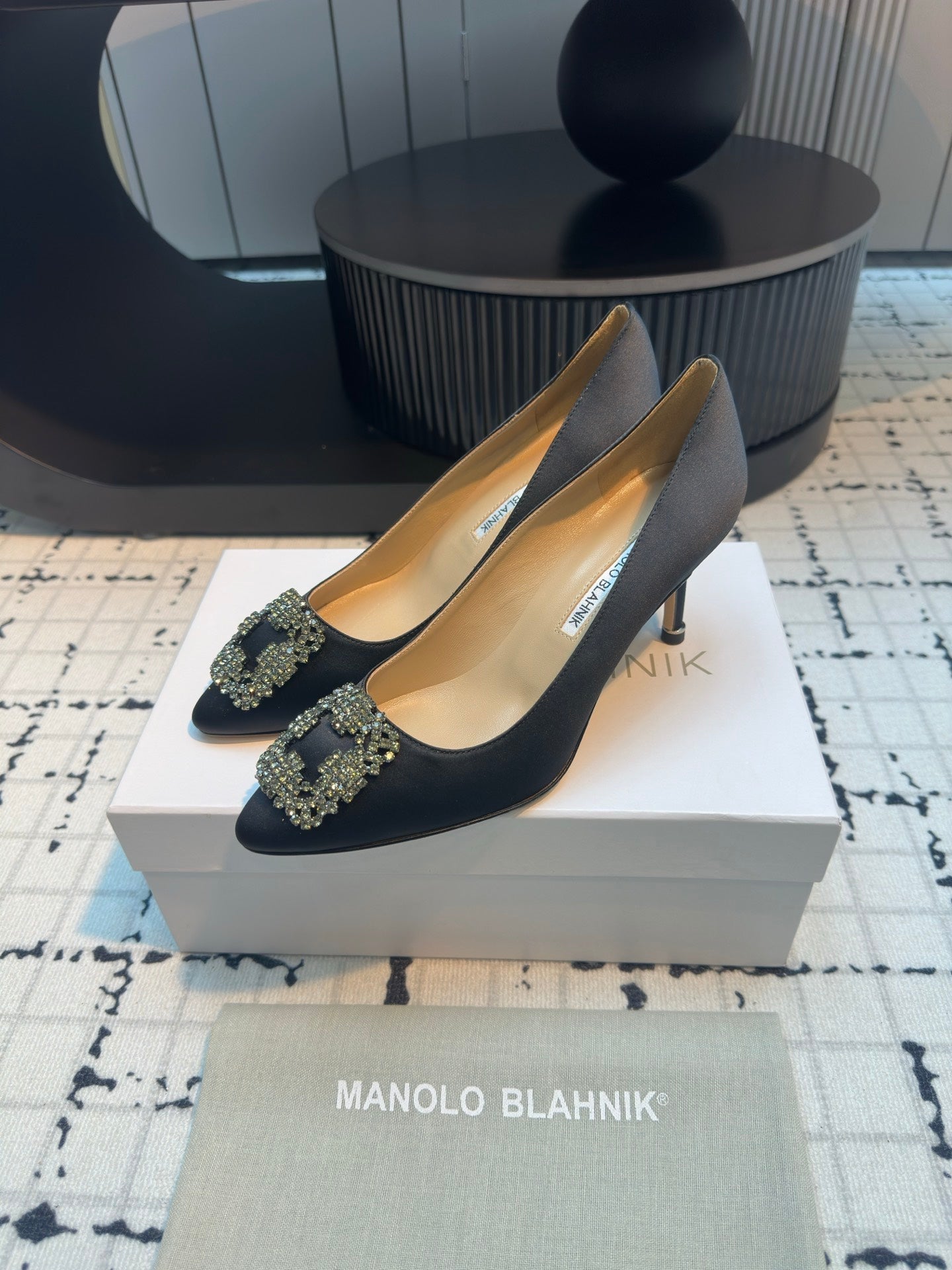 Manolo Blahnik Hangisi Embellished Pumps Black Satin Leather