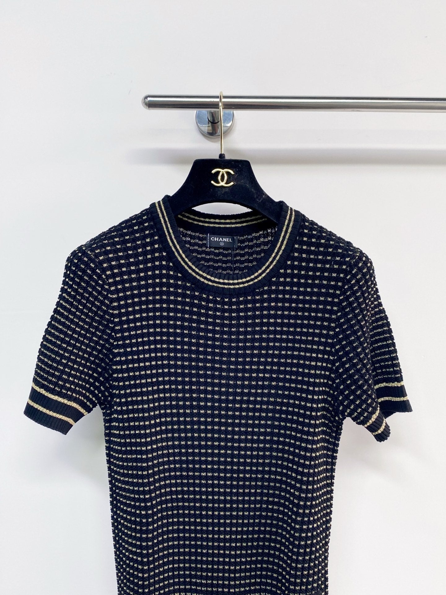 Chanel 2026 Short-Sleeve Shirt Cream and Navy Blue Tencel Nylon