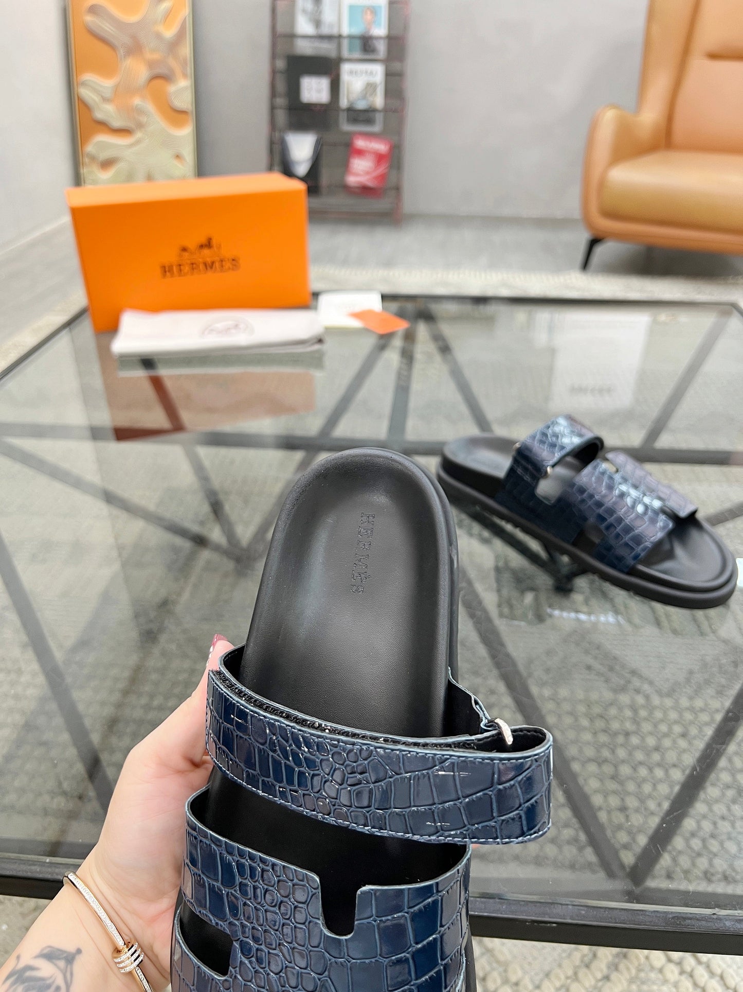 HM Men's Chypre Slide Navy Blue Cowhide 544583