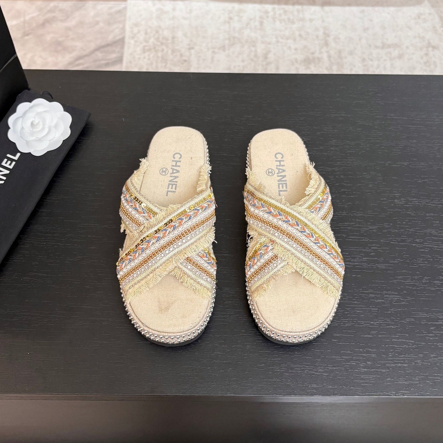 CC 25C Thick-Soled Slipper In Black Denim Navajo White Fabric 213233