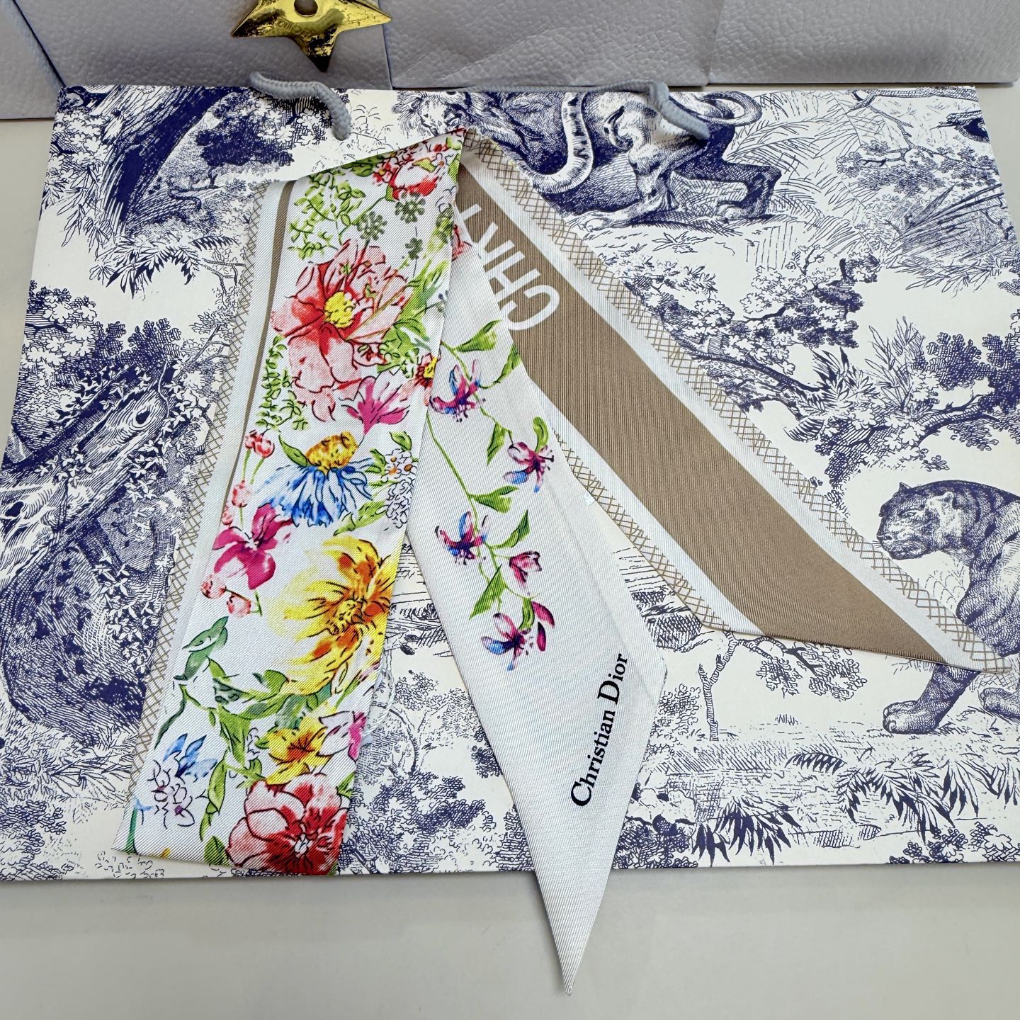 CD Twilly Mini Scarf 100cm Beige Colorful Mulberry Silk 958858