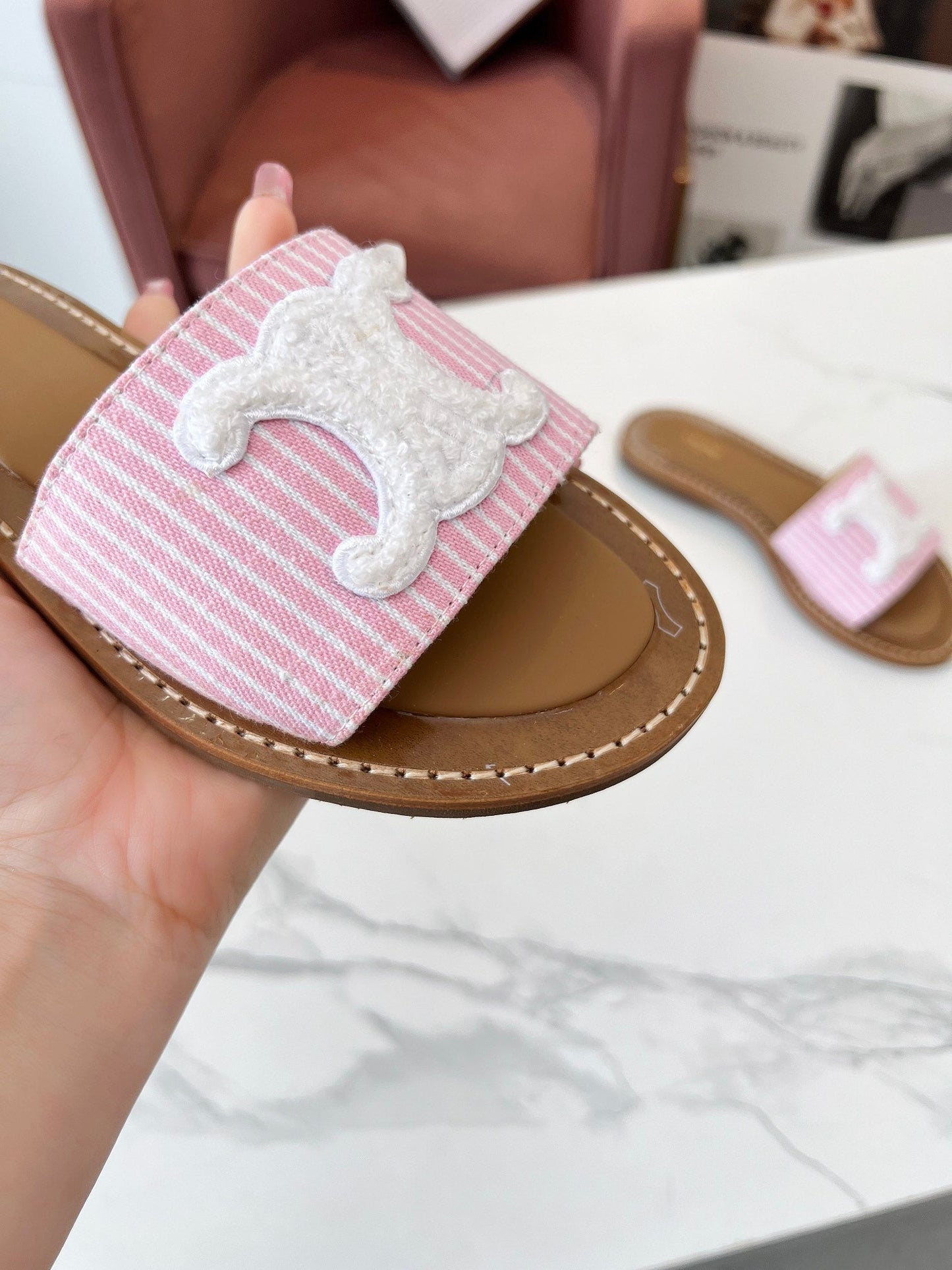 Celine 25C Slippers Pink mix White Fabric with Calfskin 238164