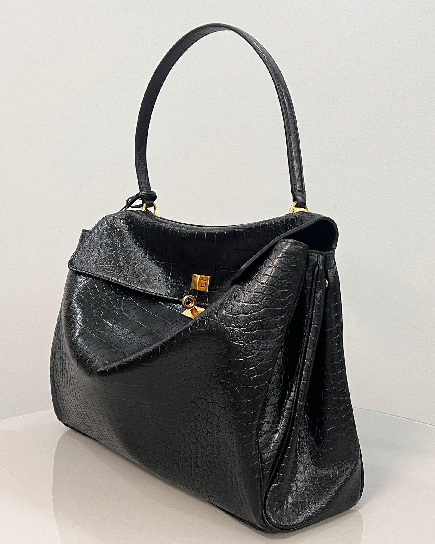 Balenciaga Large Rodeo Crocodile Embossed Bag 40 Black Leather Gold Hardware
