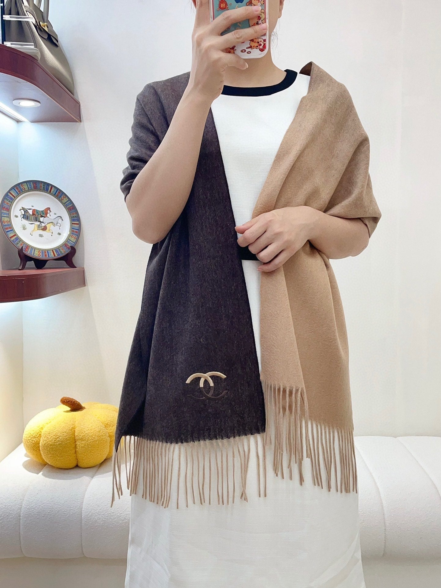 CC Scarf 180 CM In Dark Brown Mix Beige Cashmere 422763