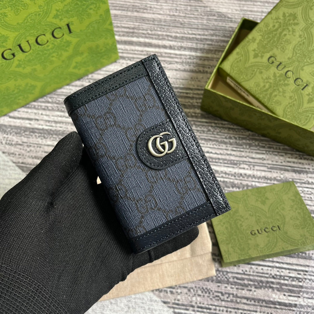 OPHIDIA GG 12 CARD CASE DARK BLUE CANVAS AND BLACK CALFSKIN