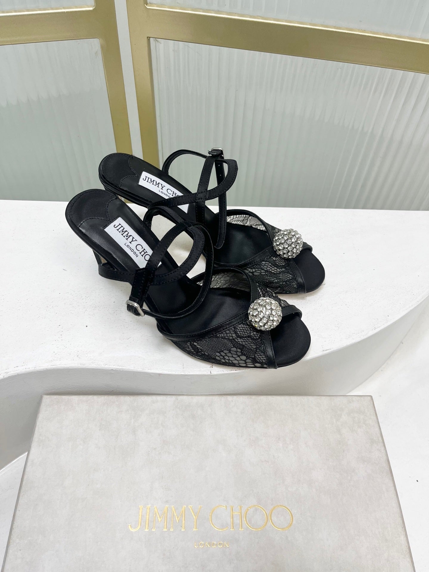Jimmy 26s Peep-Toe High Heels 85 Black Lace Sheepskin 605973
