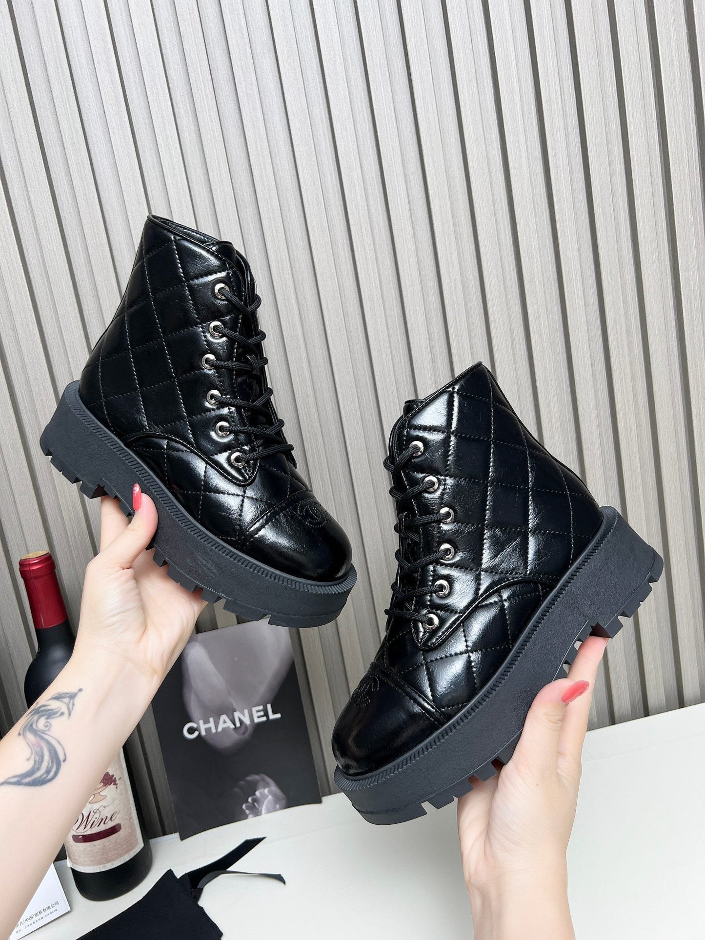 CC Combat Boots In Glossy Black Quilted Lambskin 944580