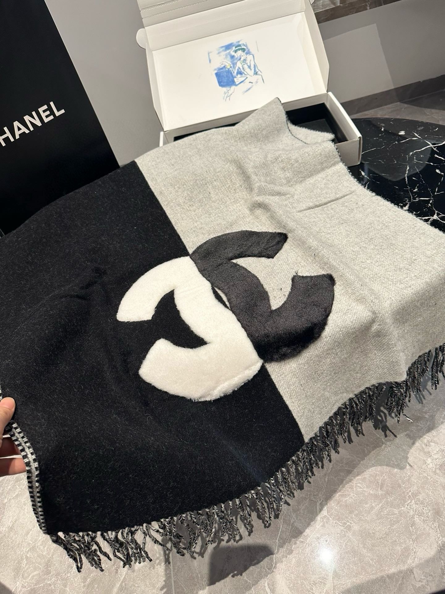 CC Scarf 200 CM In Black Mix White Fleece Wool 405155