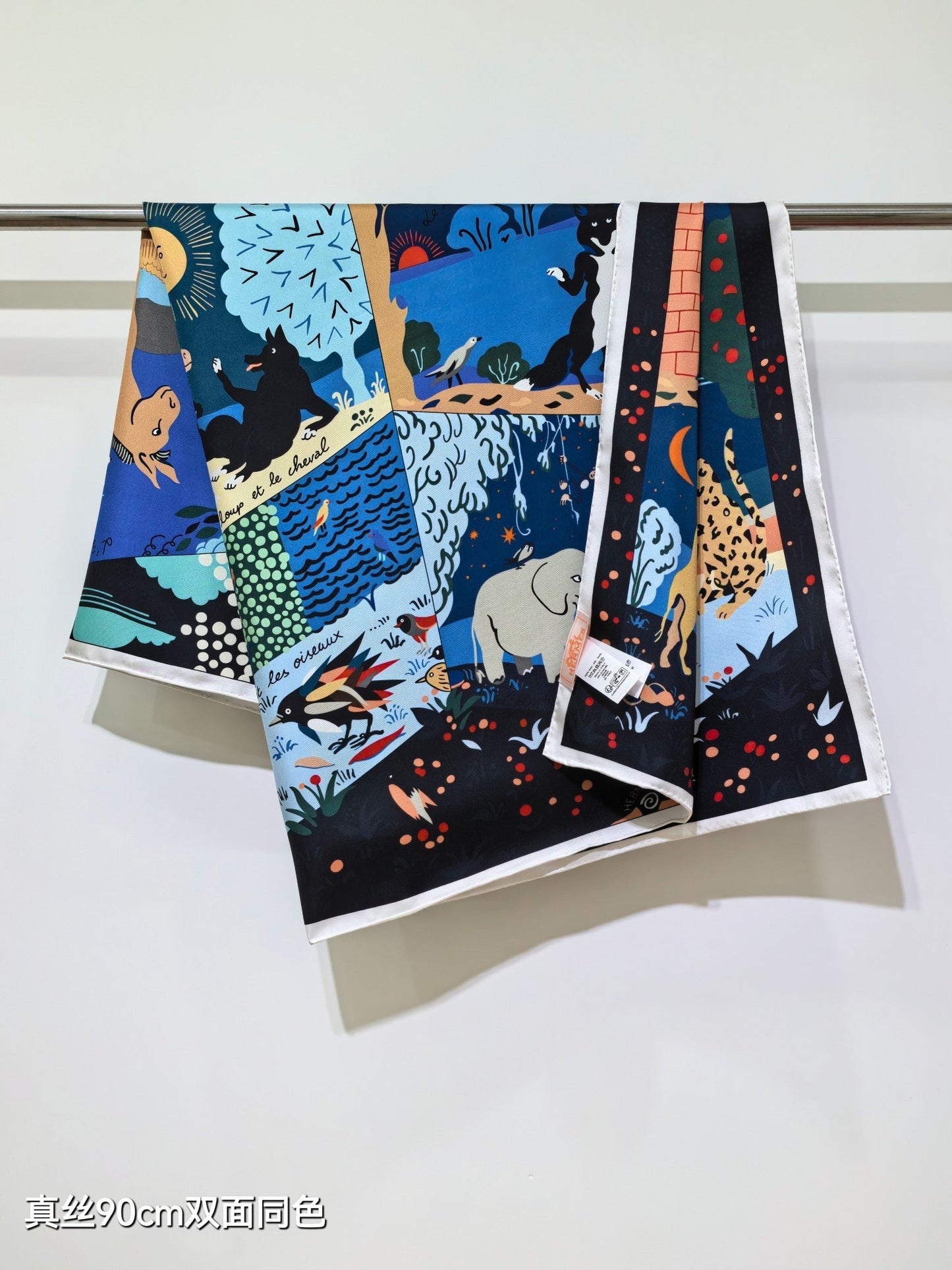 HM 26ss Amazon Scarf 90 Black Blue Colorful Twill Silk 130286
