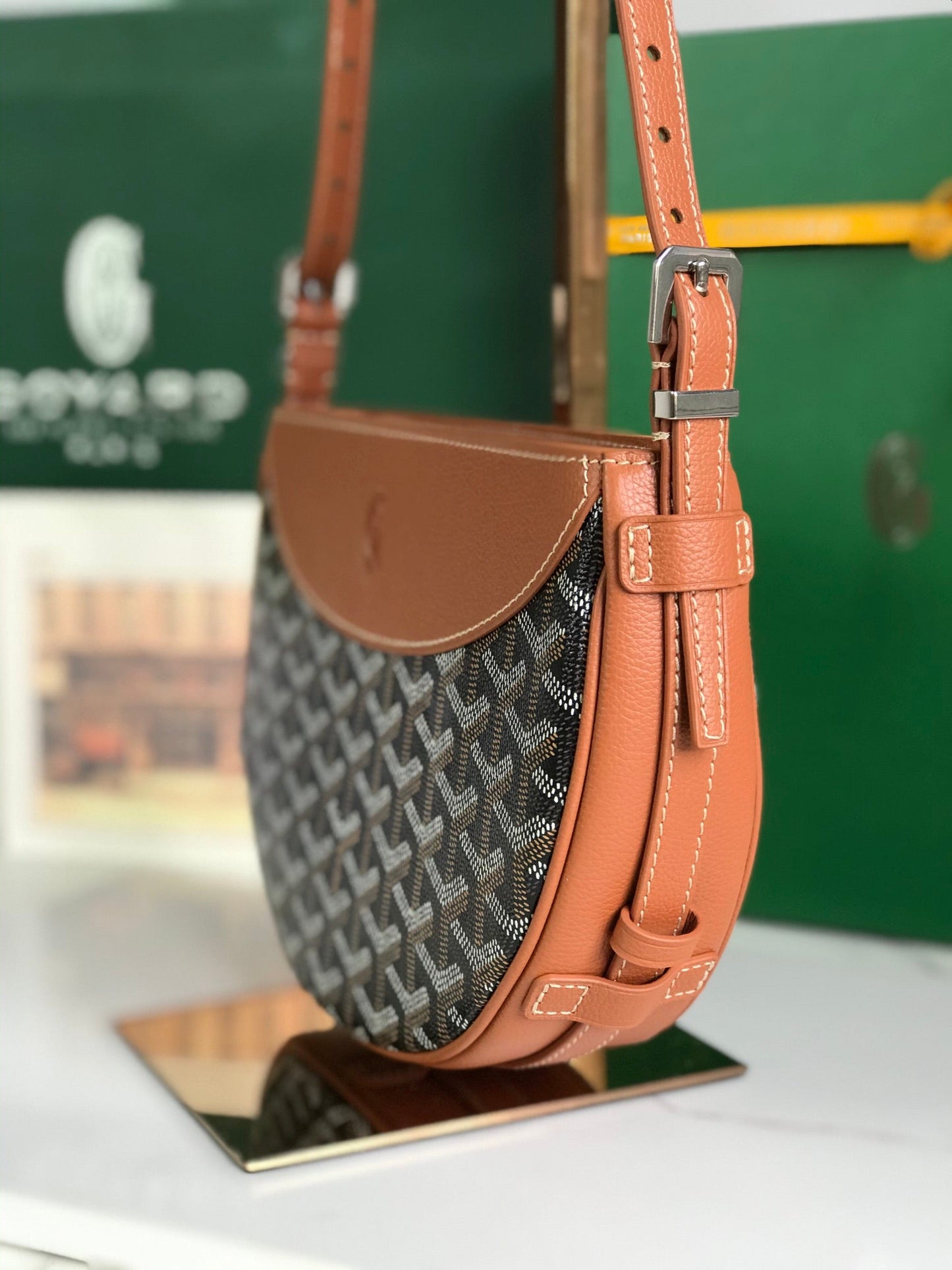 HIRONDELLE BAG 25 IN TAN LAMBSKIN AND BLACK GOYARDINE CANVAS