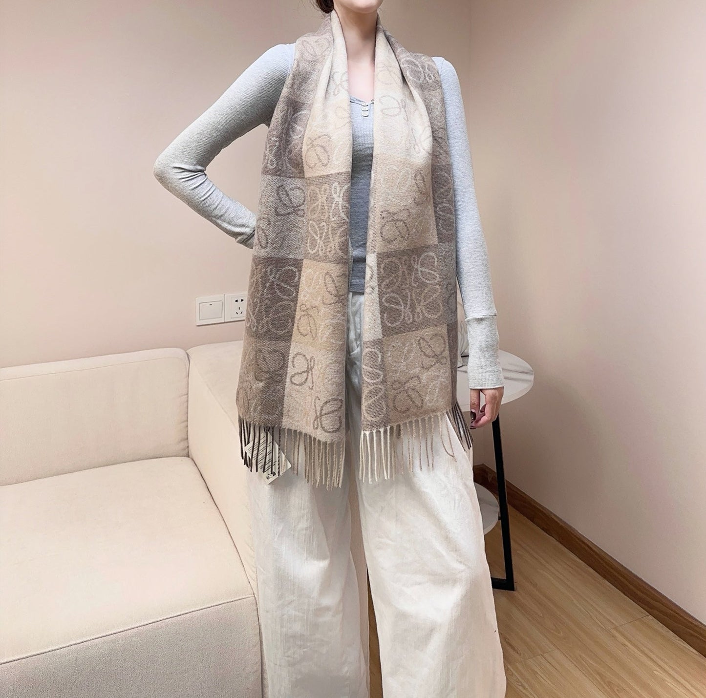 Loewe Scarf 180CM Light Brown Gray Wool Cashmere 968611