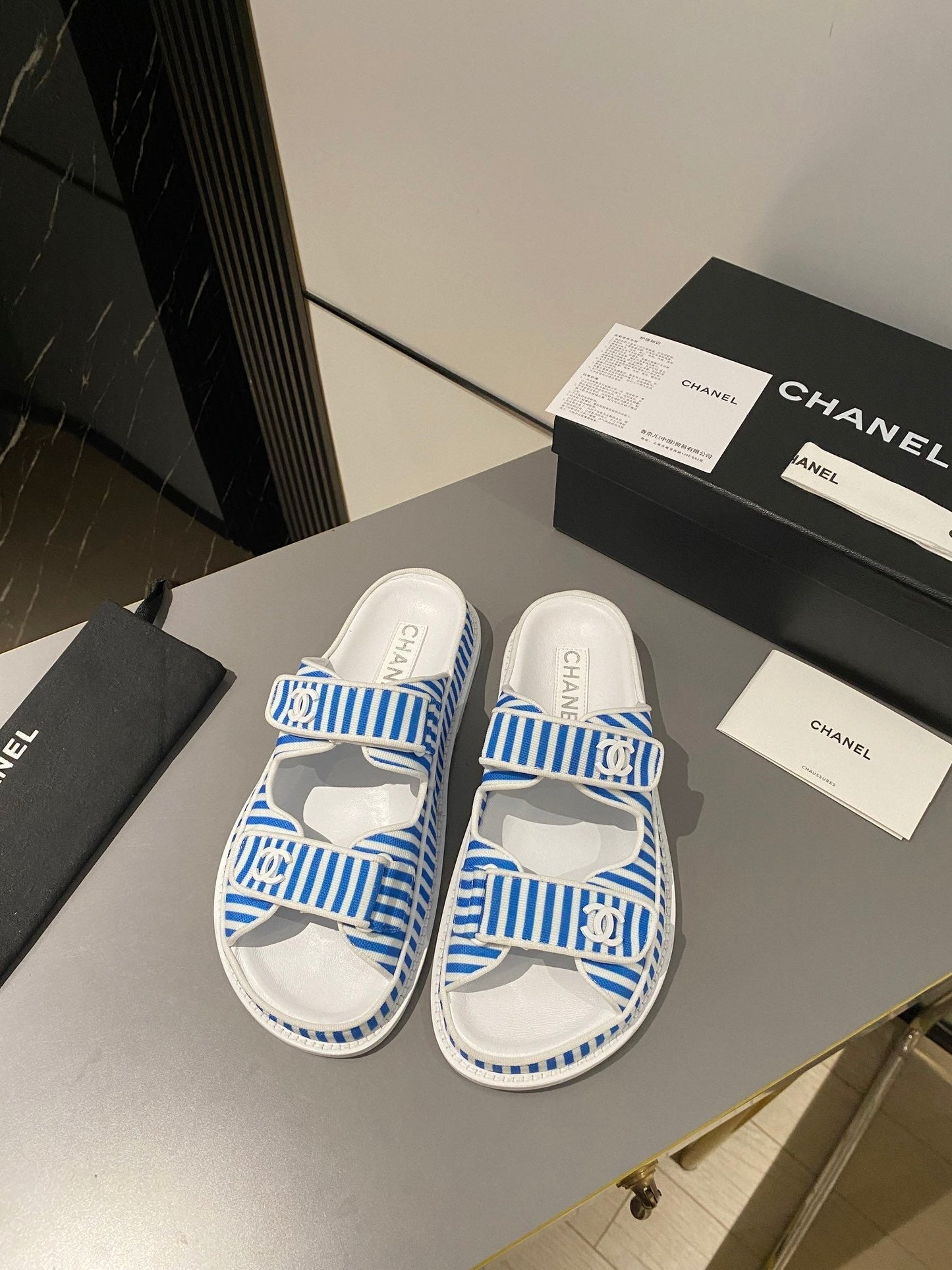 dad sandal mule striped ocean blue white fabric calfskin