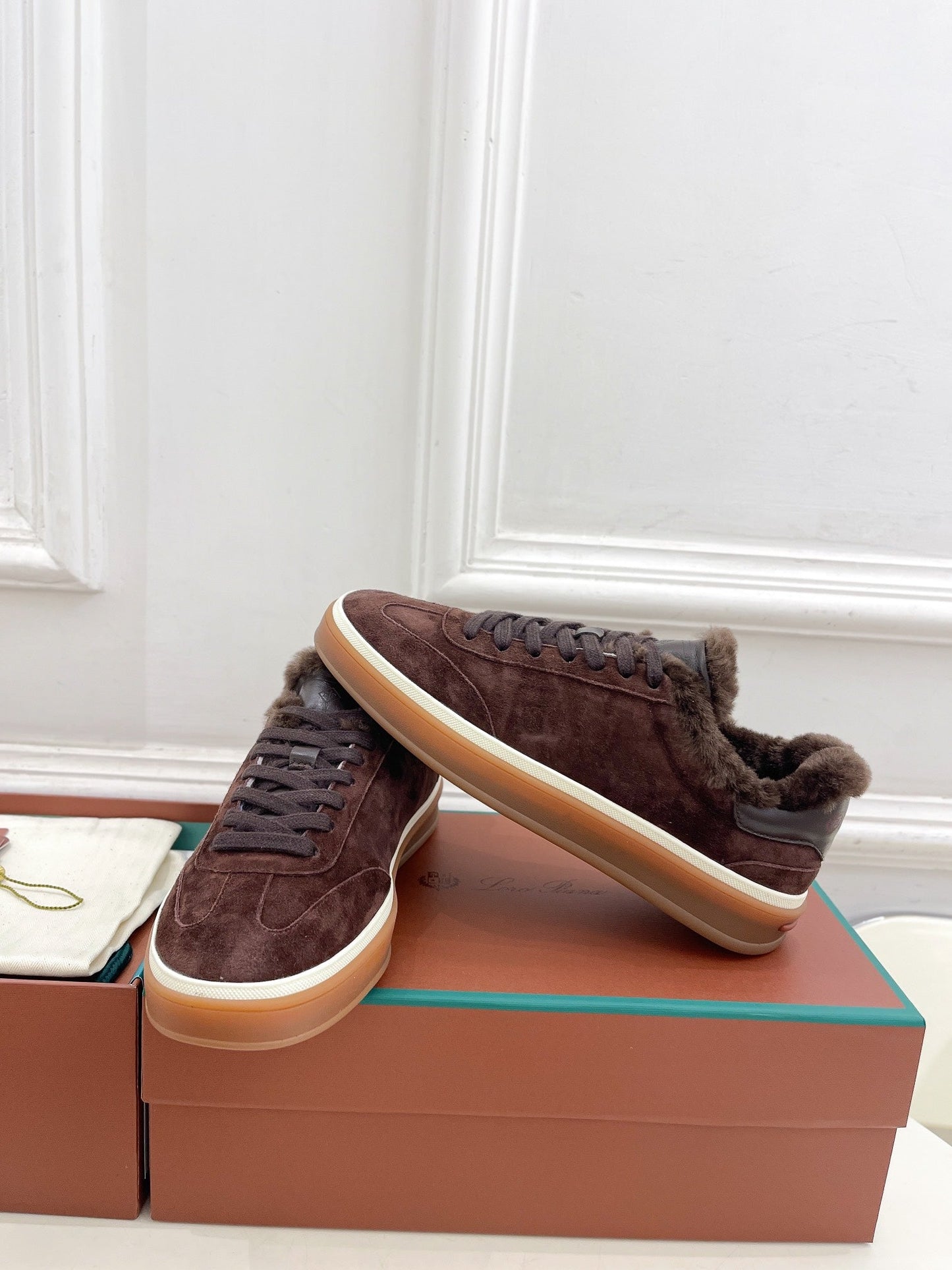 LP Tennis Walk Sneaker In Earth Brown Suede Lined With Wool Fleece 988266