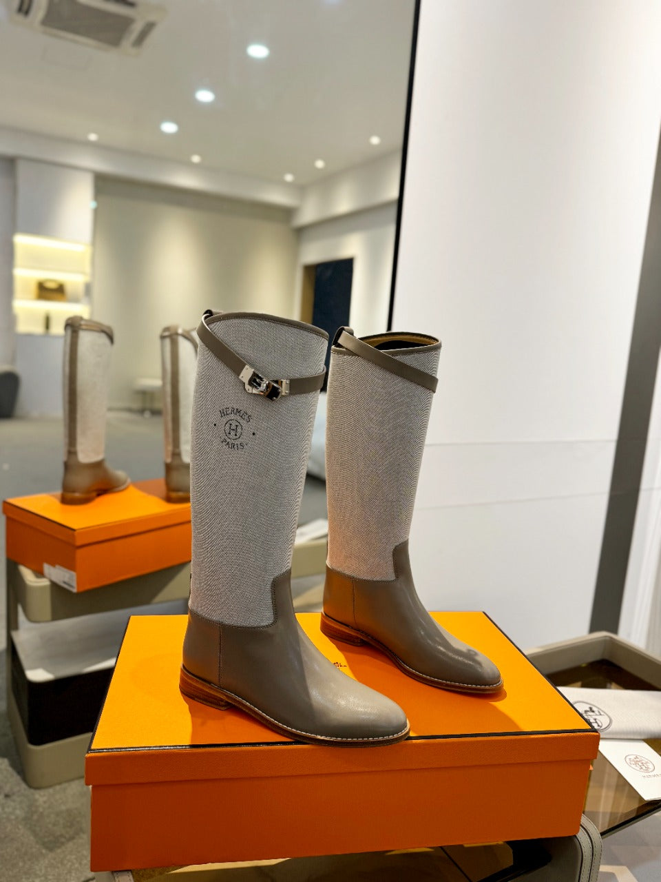 HM Jumping Boot 20mm Beige Light Brown Mix Grey White Cowhide And Tech Fabric 961655