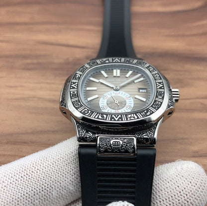 PATEK NAUTILUS SECONDTIME WHITE GOLD HAND ENGRAVED