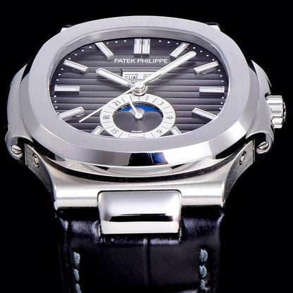 PATEK NAUTILUS MOONPHASE ANNUAL CALENDAR BLACK DIAL LEATHER