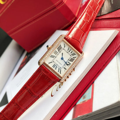 TANK SOLO PINK GOLD DIAMOND BEZEL RED LEATHER