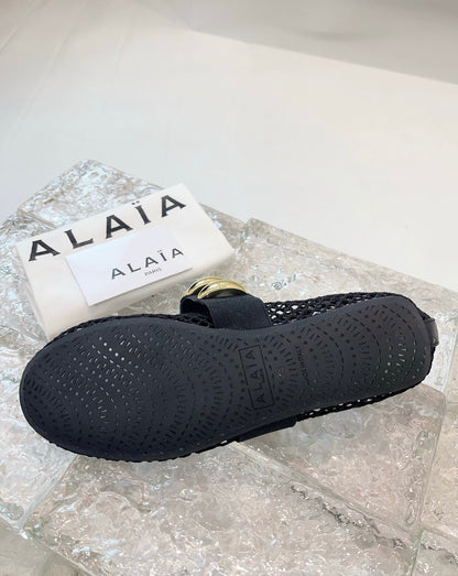 Alaia 25 Mary Jane Mesh Ballet Flats Black Gold Calfskin