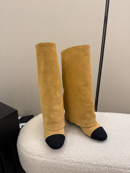 Chanel High Boot Beige Black Suede Leather 175157