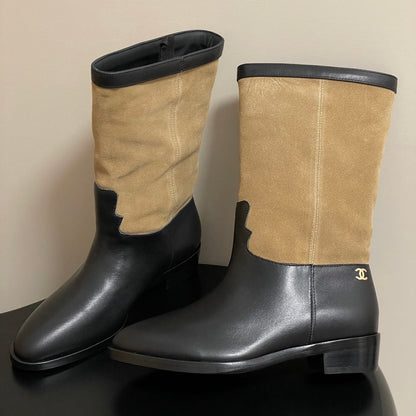 Chanel Boot 25 Beige mix Black Cowhide Suede 175368