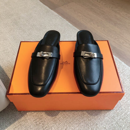 Hermes Oz Mule Black Silver Cowhide 756842