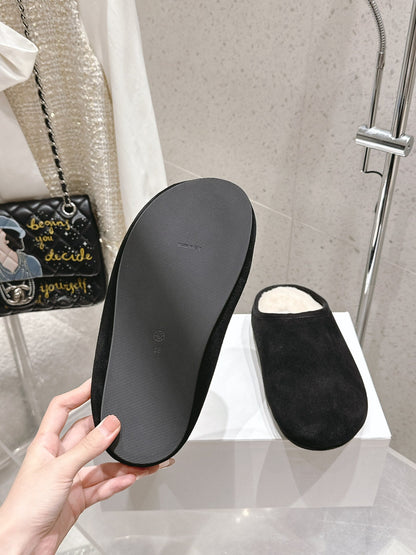 The Row 2025 Slipper Black White Cowhide Wool 402119