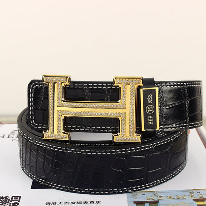 HM Original Belt 38mm Crocodile Embossed Black Pattern Gold Buckle Leather 620264