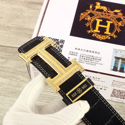 HM Original Belt 38mm Crocodile Embossed Black Pattern Gold Buckle Leather 620264