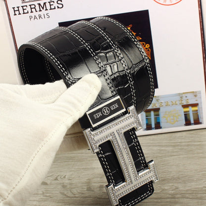HM Original Belt 38mm Black Crocodile Pattern Leather Silver Buckle 620265