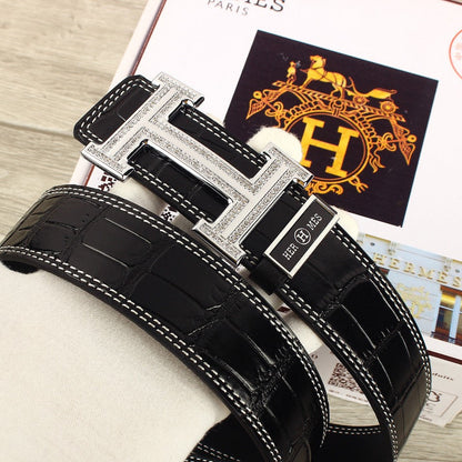 HM Original Belt 38mm Black Crocodile Pattern Leather Silver Buckle 620265