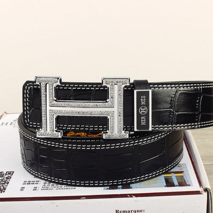 HM Original Belt 38mm Black Crocodile Pattern Leather Silver Buckle 620265