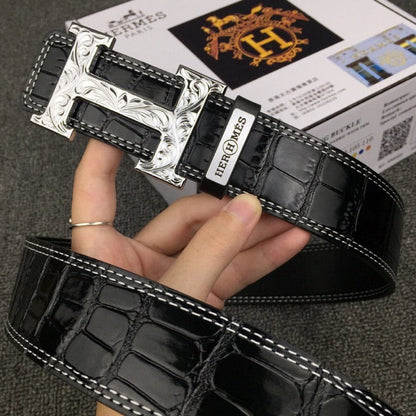 HM Belt 38mm Black Crocodile Embossed Silver Buckle Leather 619362