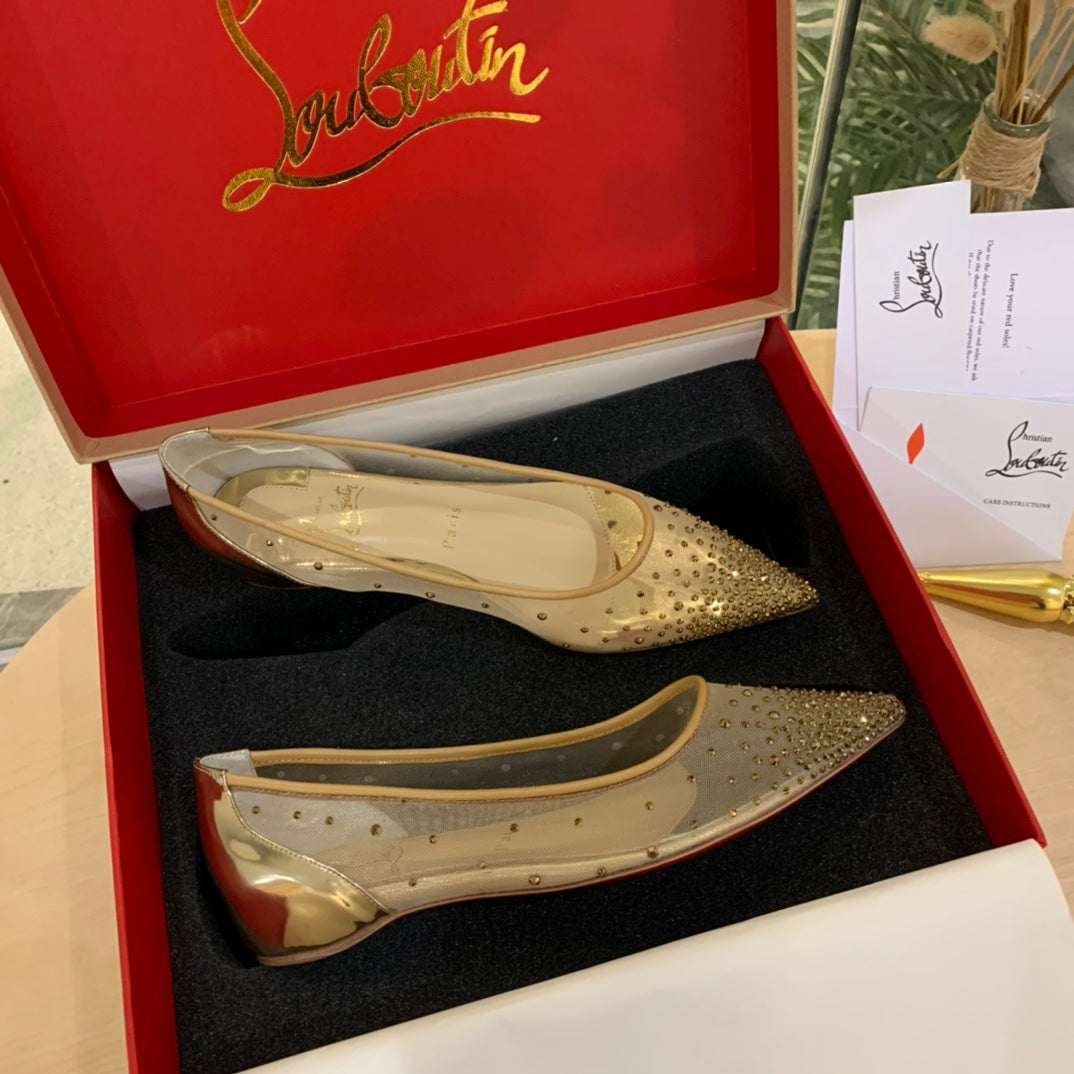 CL Follies Strass Flats Mesh Leather Gold