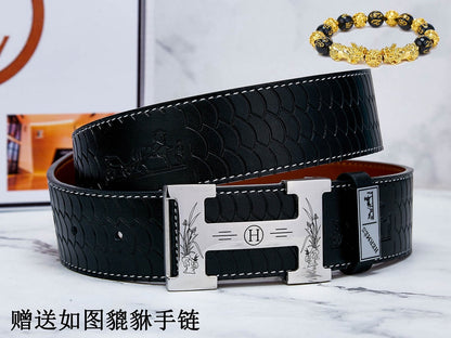 HM Constance Belt 38mm Black Brown Cowhide Sliver Buckle 619894