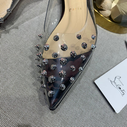 CL Collaclou Spike Clear Flat Embellished Pvc and Patent Leather Black