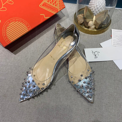 CL Collaclou Spike Clear Flat Embellished Pvc and Metallic Leather Silver
