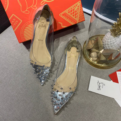 CL Collaclou Spike Clear Flat Embellished Pvc and Metallic Leather Silver