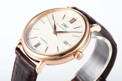 IWC Portofino 40mm White Dial Pink Gold Case Brown Leather