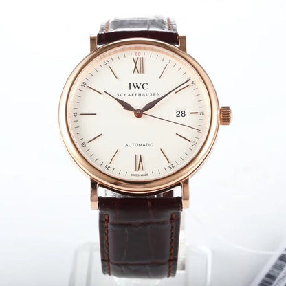 IWC Portofino 40mm White Dial Pink Gold Case Brown Leather