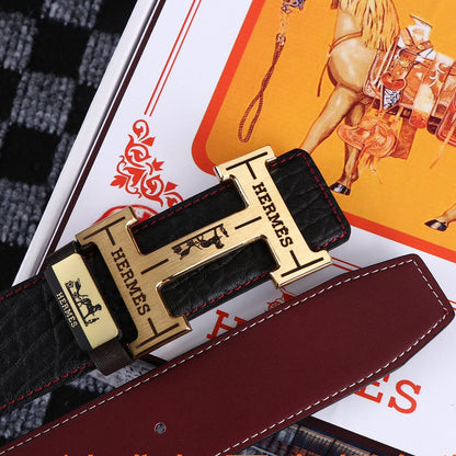 HM Belt 38mm Black Cowhide Leather Gold Buckle 619053