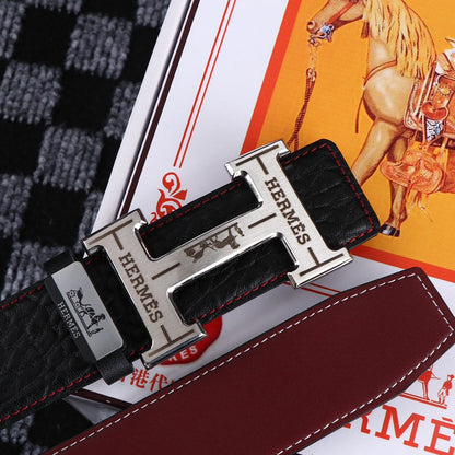 HM Belt 38mm Black Cowhide Leather Sliver Buckle 619054